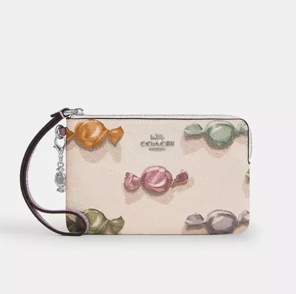 Coach Corner Zip Wristlet NWT Candy Print w/ Charm Silver Tone Zipper Clutch